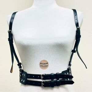Black faux leather harness belt with double buckles